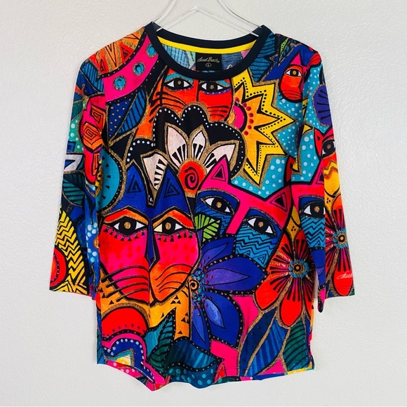 Laurel Burch Cat Garden 3/4 Sleeve Tee Size L - Picture 1 of 4